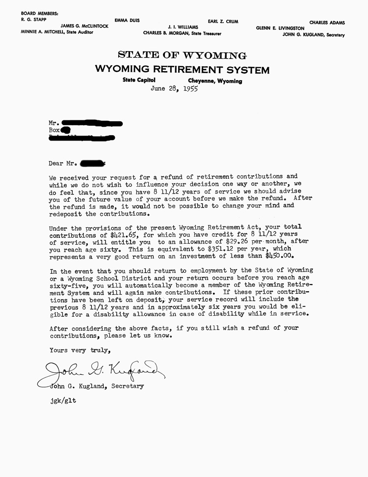 WRS Member Letter 1955