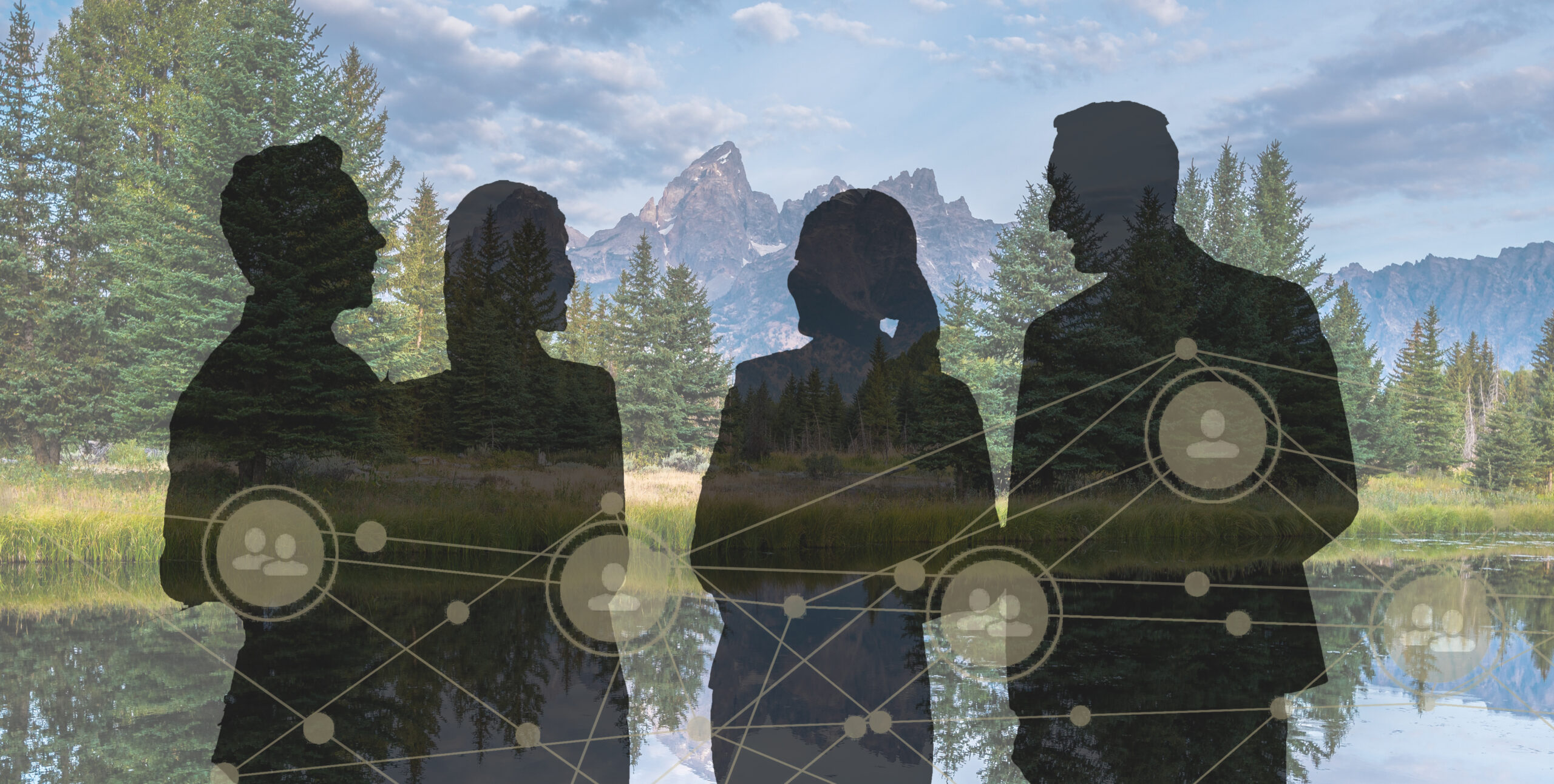 Abstract image of many business people together in group on background of city view with office building showing partnership success.